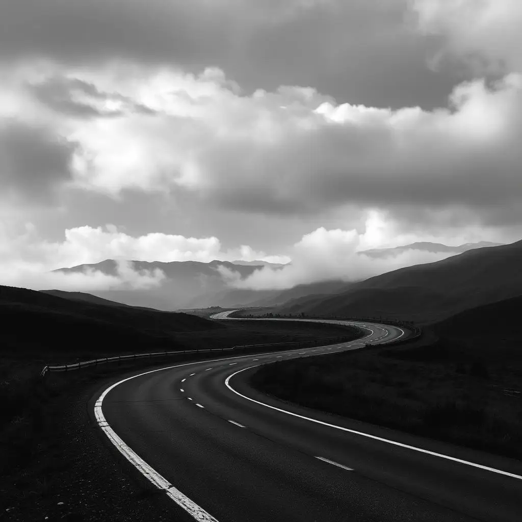 Open road through misty hills