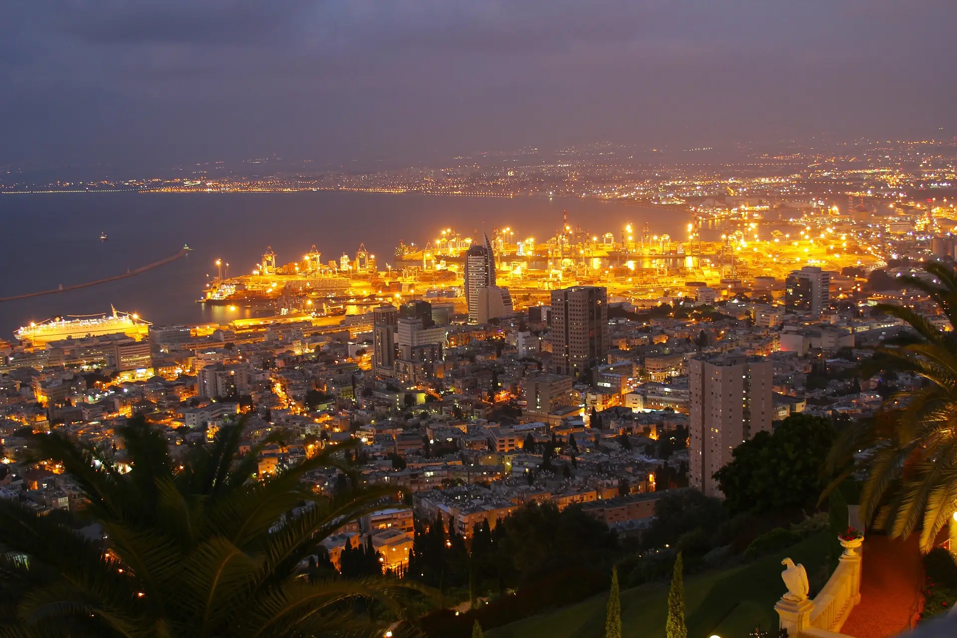 Coastal city lit up at night