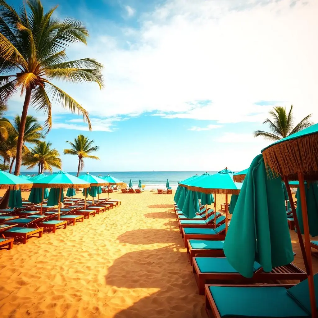 Beach club with teal umbrellas and loungers in Brazil